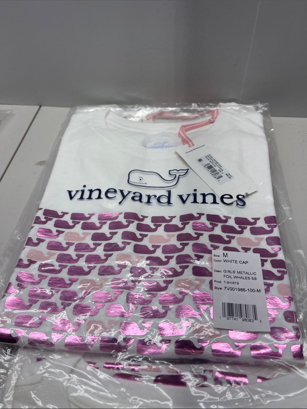 Vineyard Vines White Tee with Pink Metallic Whale Pattern - Picture 2 of 3